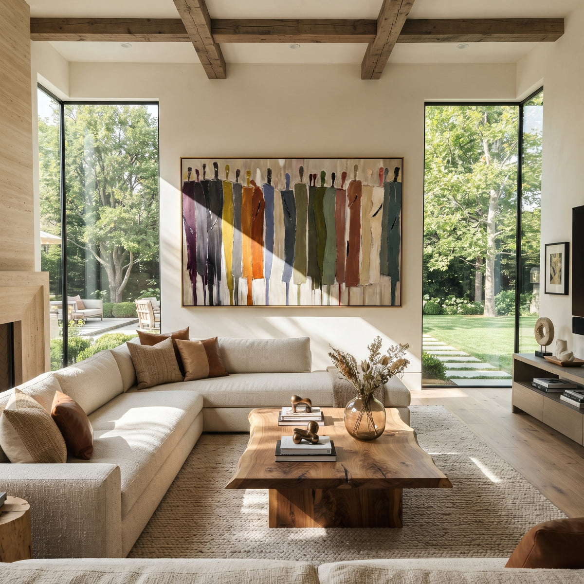 Muted Assembly Holds the Line – earth-tone abstract figures painting, displayed in an open-plan living room