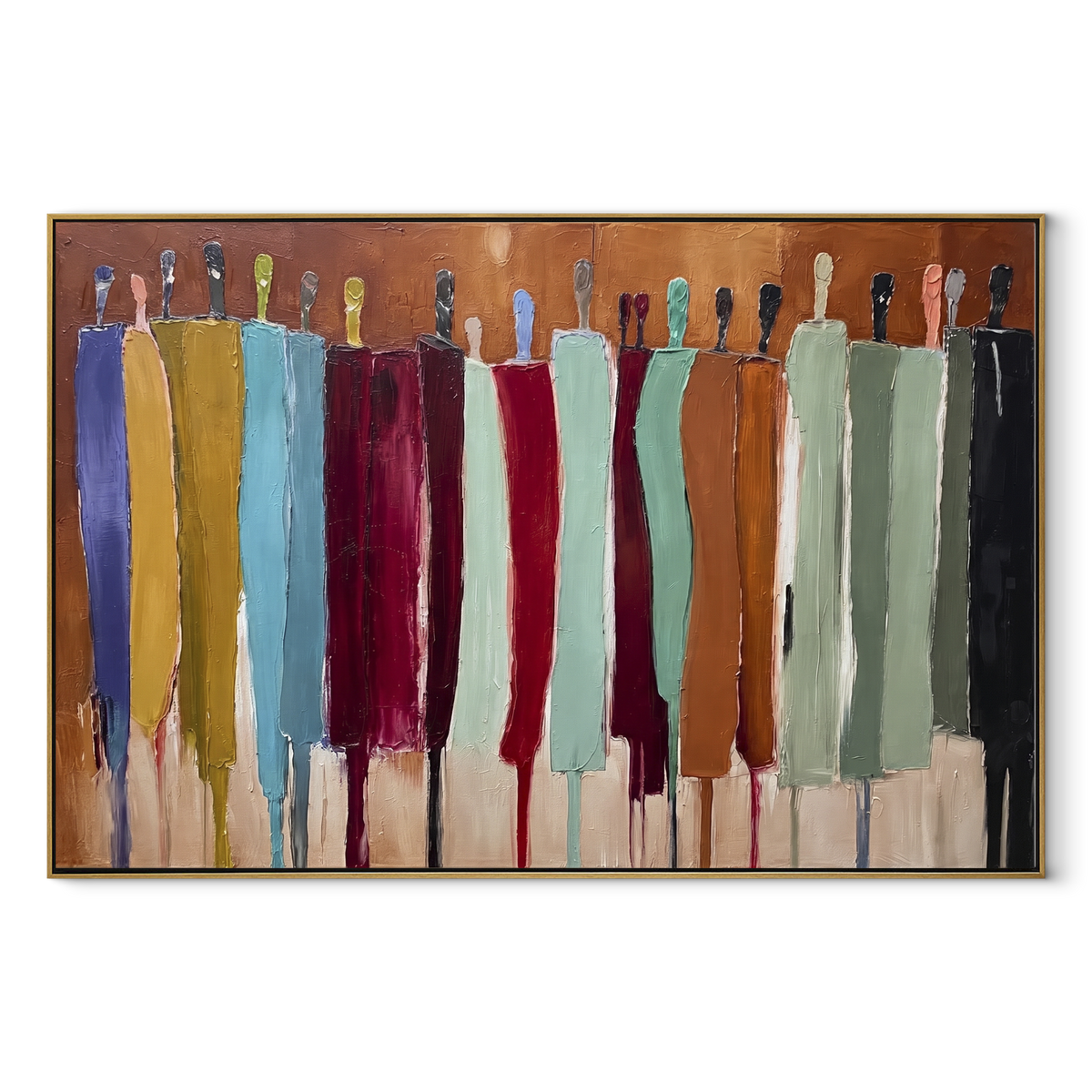 Ochre Gathering After Dusk – warm color abstract figures painting, wood frame on white background