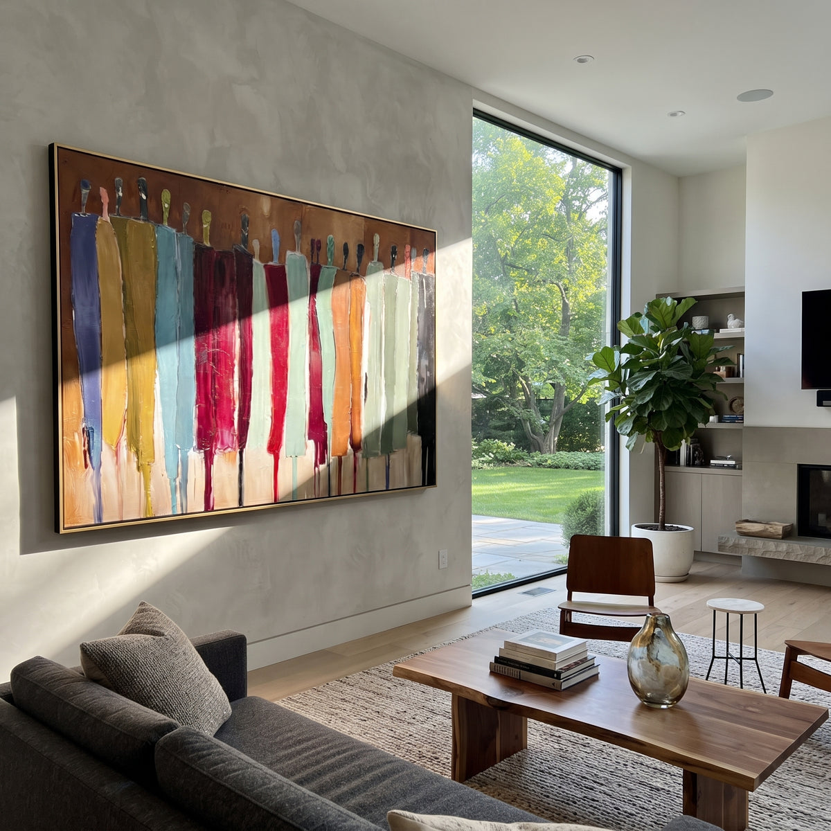 Ochre Gathering After Dusk – warm color abstract figures painting, displayed beside a sunlit lounge