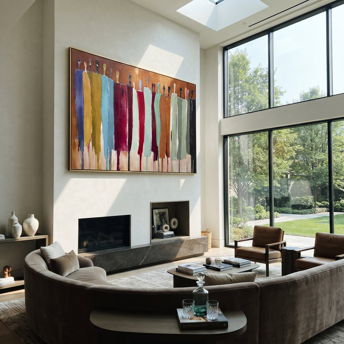 Ochre Gathering After Dusk – warm color abstract figures painting, displayed in a double-height sitting room