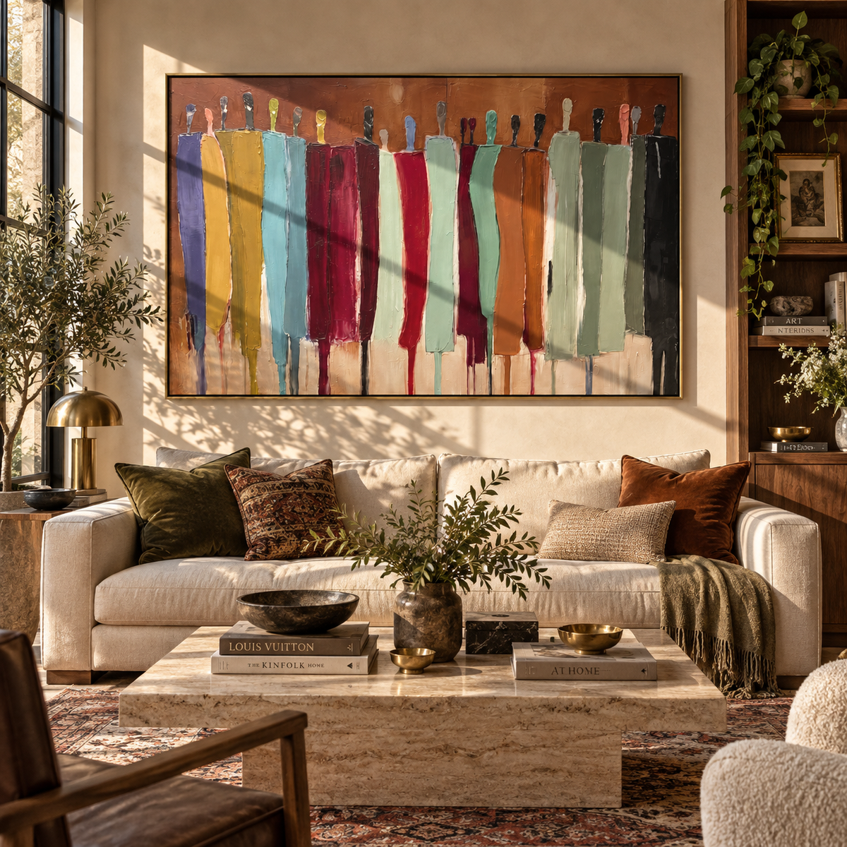Ochre Gathering After Dusk – warm color abstract figures painting, displayed above a library sofa