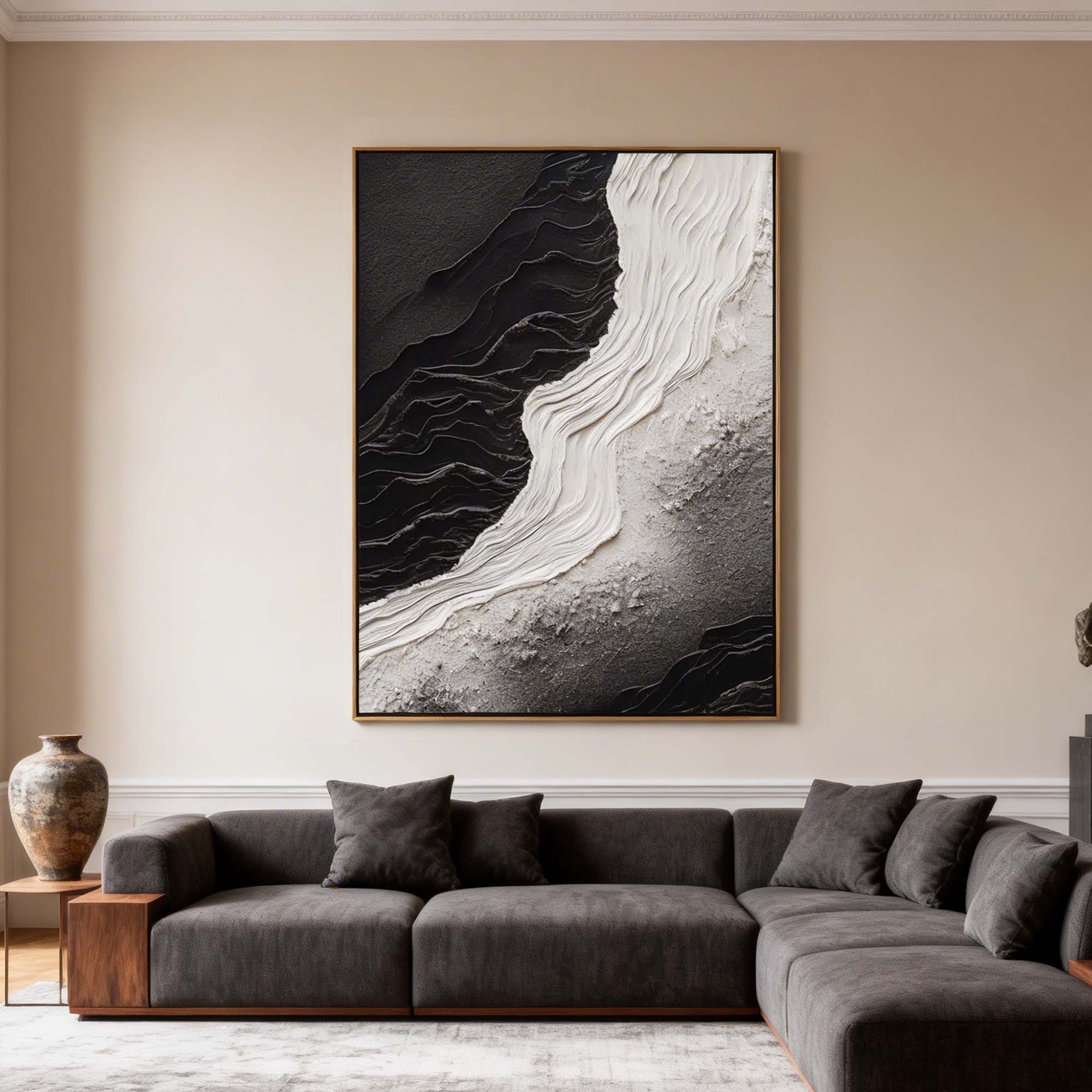 Echo of Monolith – Modern Minimalist Black and White Heavy Textured Painting | Wabi-Sabi Abstract Hallway Art