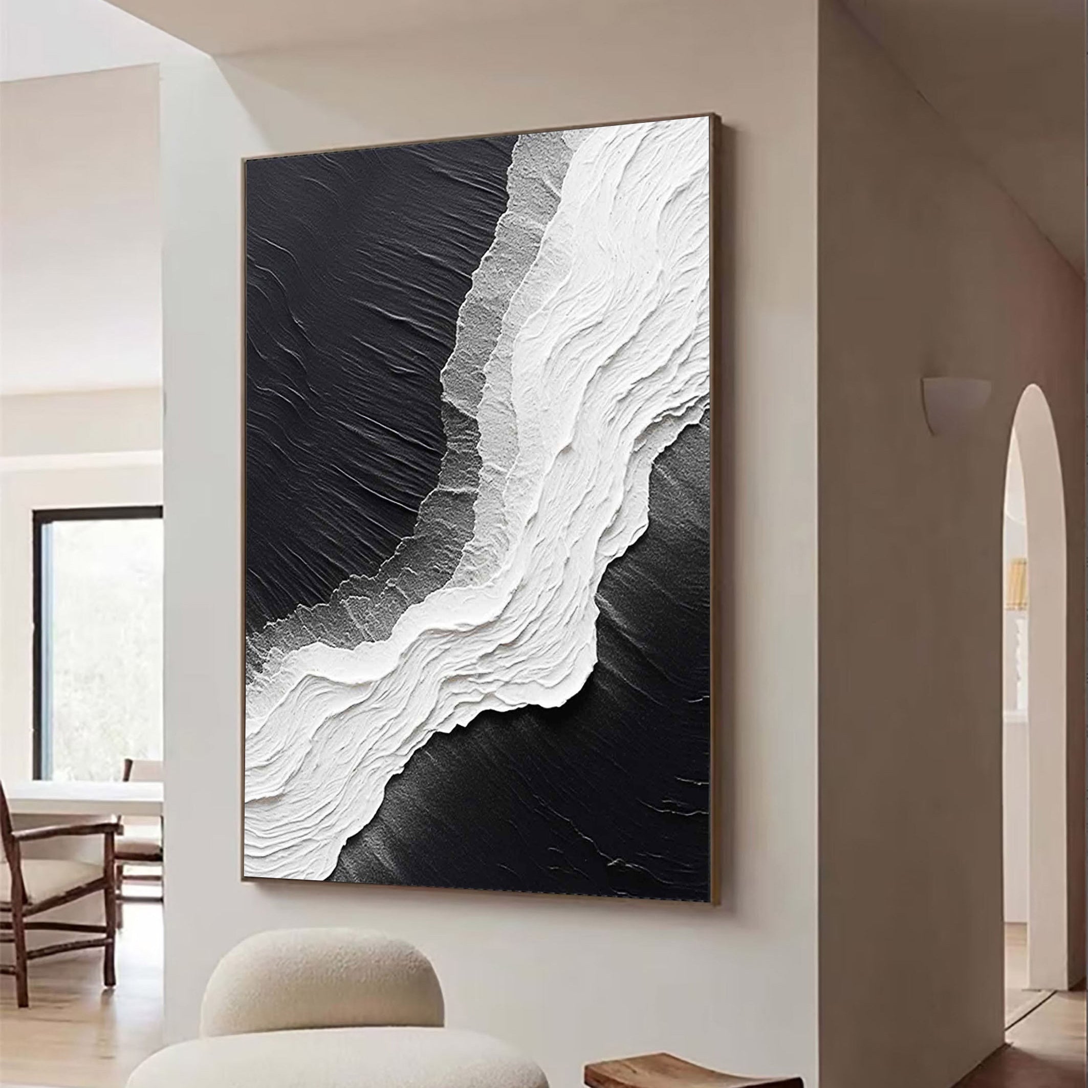 Monochrome Ridge – Hand-Painted Black and White 3D Plaster Relief Texture Painting | Heavy Texture Studio Art