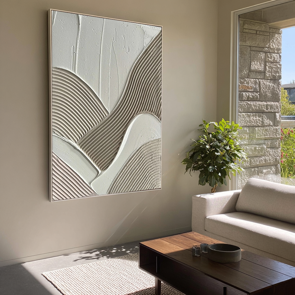 Geometric Flow – Hand-Painted Neutral Multi-Directional Plaster Relief Texture Painting | Modern Abstract Living Room & Office Art