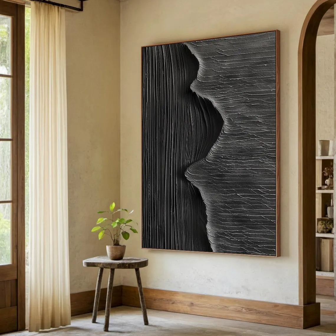 Dark Pulse – Hand-Painted All-Black High-Density Linear Plaster Relief Texture Painting | Modern Industrial Plaster Home Office & Living Room Art
