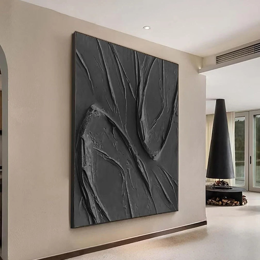 Onyx Ripple – Hand-Painted All-Black Minimalist 3D Impasto Palette Knife Texture Painting | Bold Minimalist Bedroom & Home Office Art