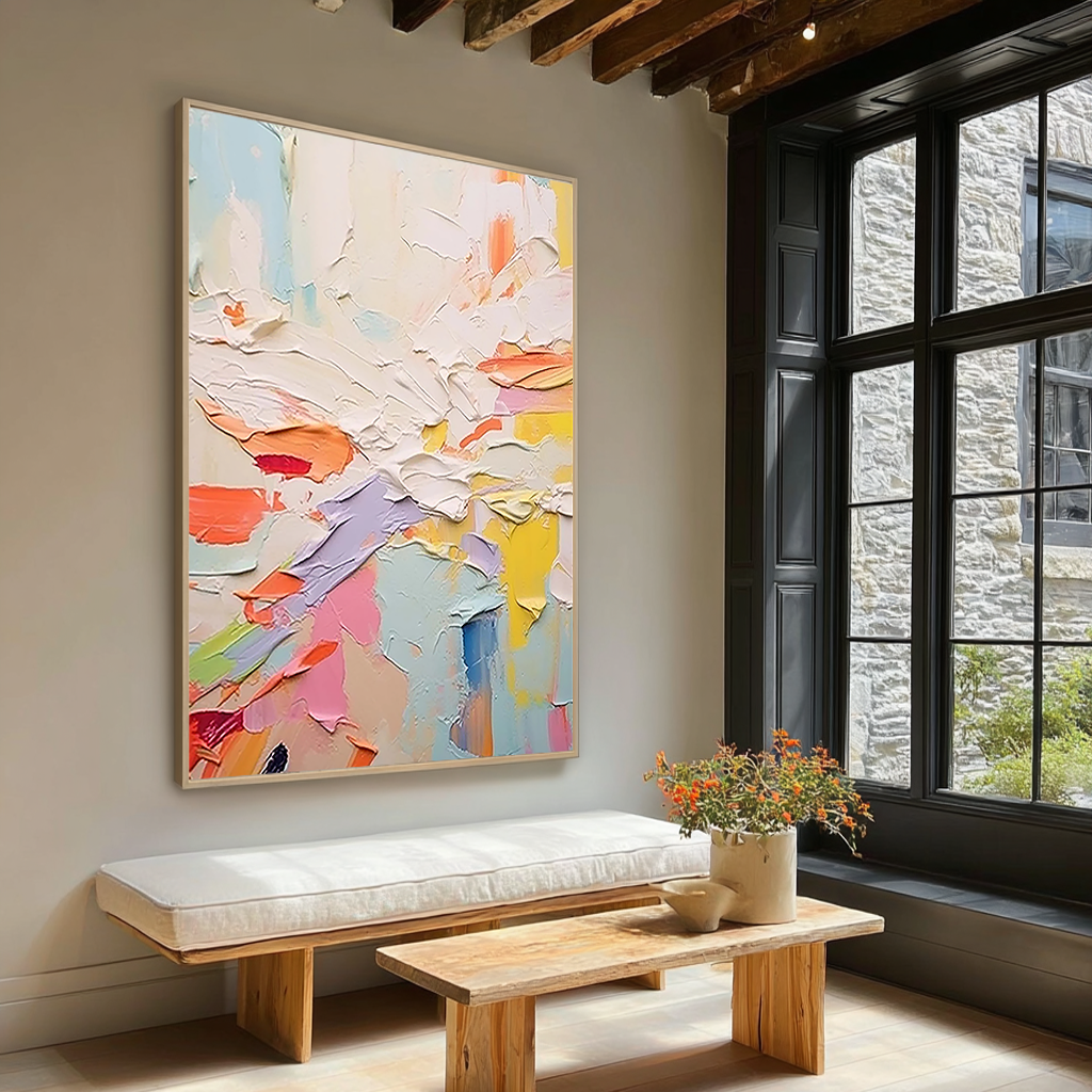 Pastel Energy – Hand-Painted Multicolored Macaron Palette Knife Abstract Painting | Bold Abstract Palette Knife Living Room Art