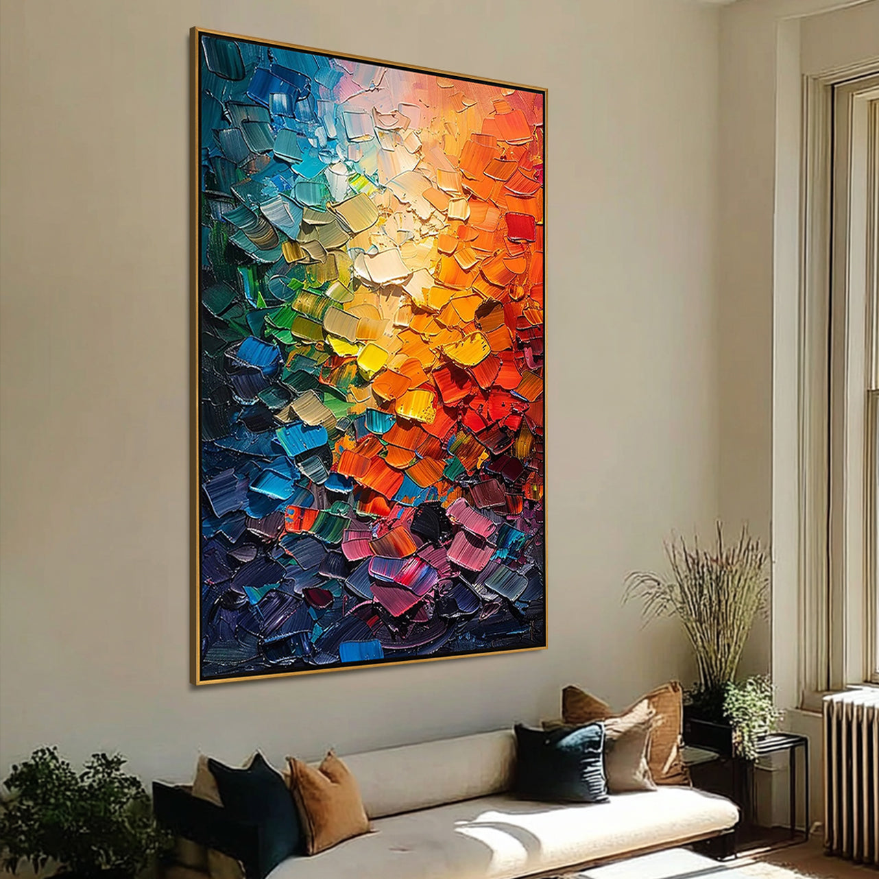 Prism Spectrum – Hand-Painted Multicolored Rainbow Palette Knife Abstract Painting | Bold Abstract Palette Knife Living Room Art