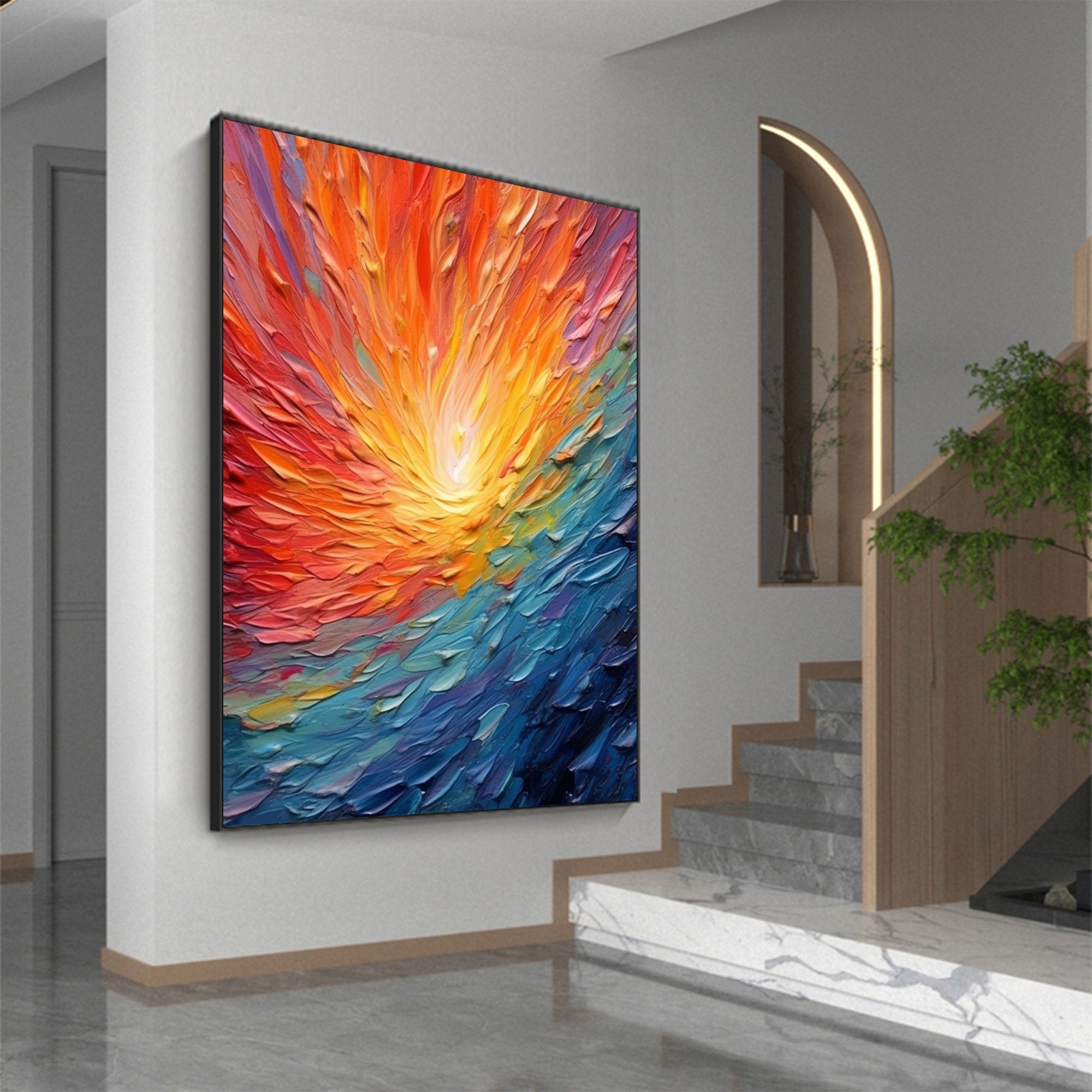 Color Explosion – Hand-Painted Multicolored Rainbow Palette Knife Abstract Painting | Bold Abstract Palette Knife Living Room Art