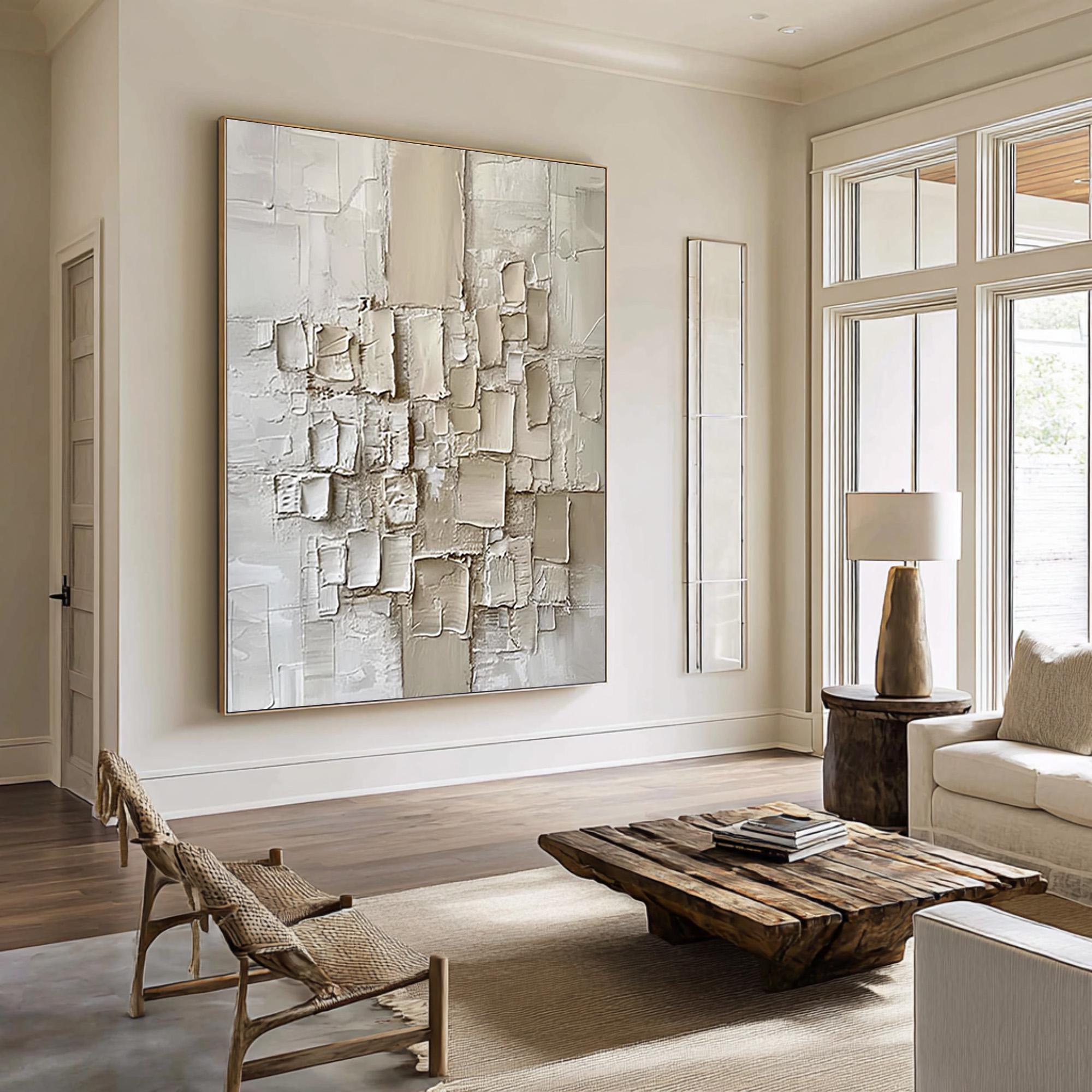 Creamy Mosaic – Hand-Painted Minimalist Off-White Geometric Block Plaster Relief Texture Painting | Modern Minimalist Bedroom & Home Office Art