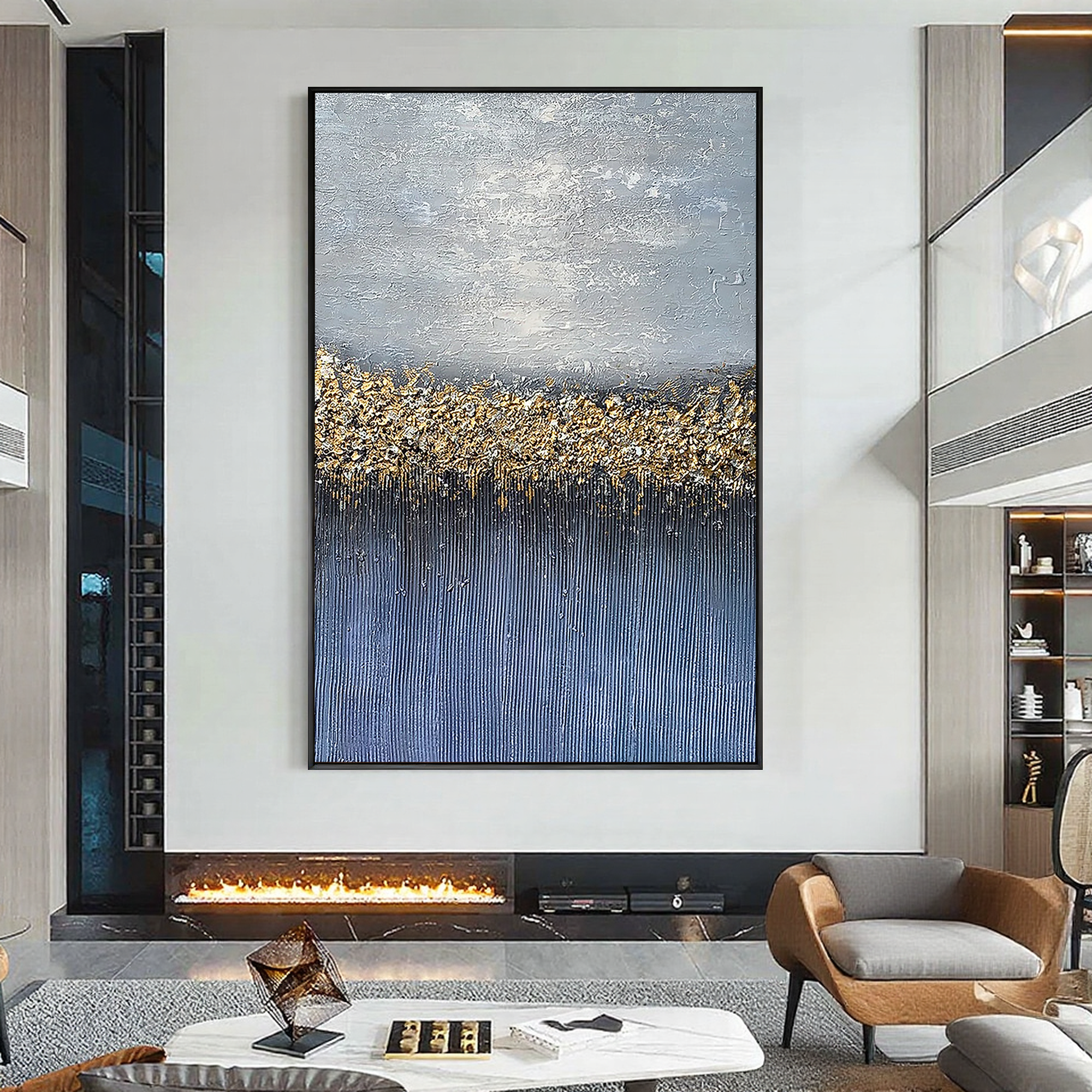 Galactic Reflection – Hand-Painted Navy Blue and Gold Foil Starry Sky 3D Plaster Effect Texture Painting | Coastal Modern Living Room & Bedroom Art