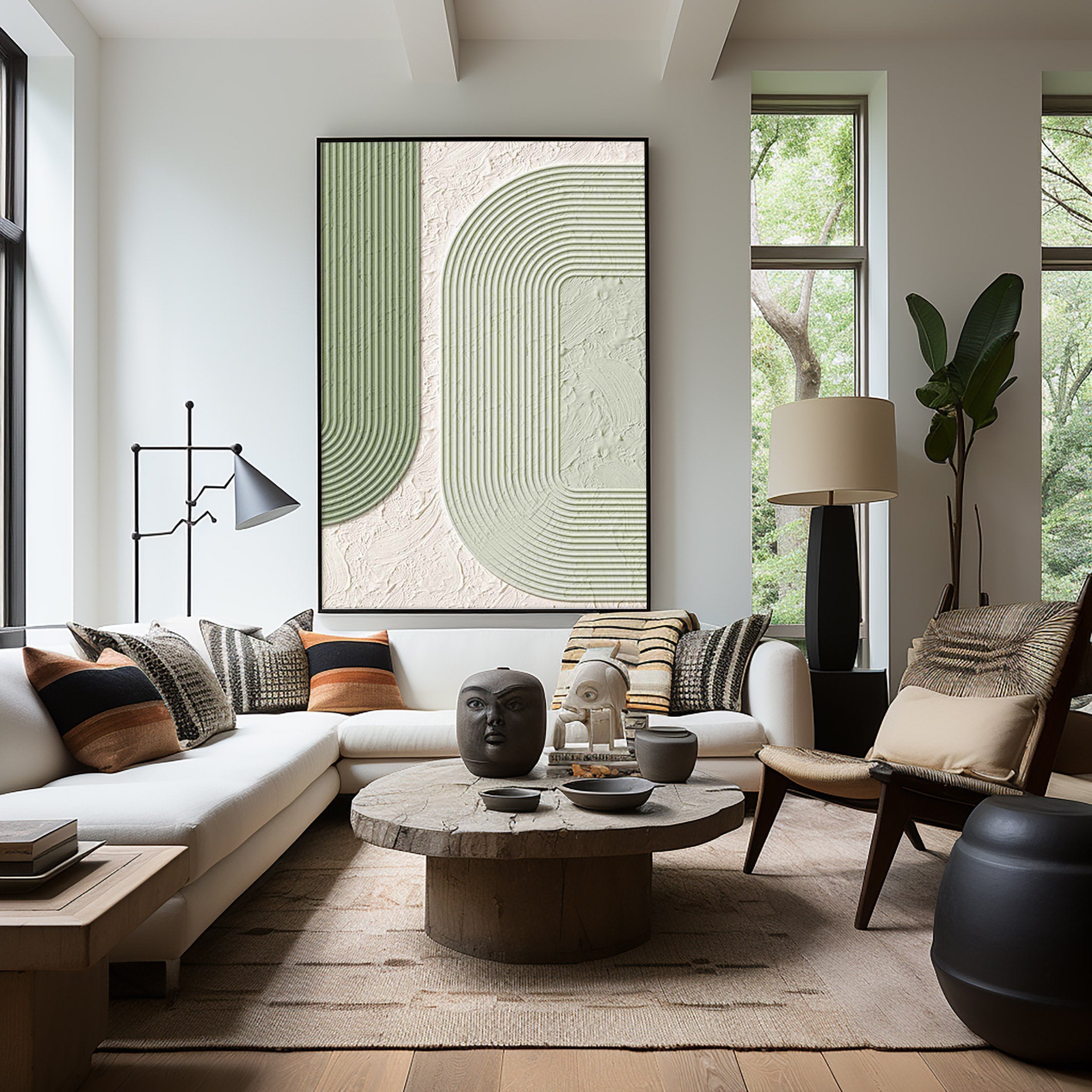 Linear Echo – Textured Sage & White Minimalist Canvas Modern Painting | Modern Minimalist Bedroom & Home Office Art