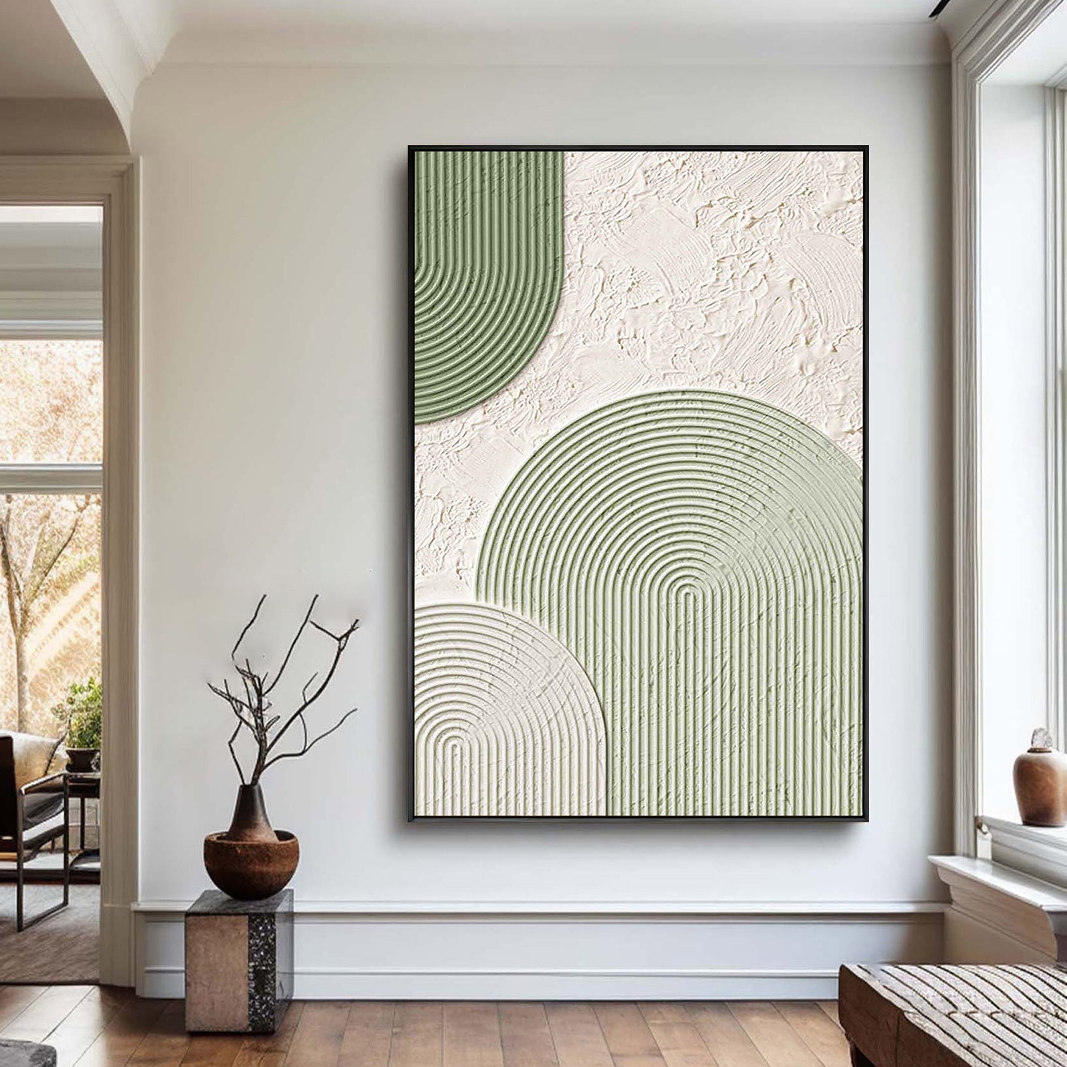 Zen Radiance – 3D Textured Sage Green Geometric Wabi-Sabi Painting | Japandi Wabi-Sabi Living Room & Bedroom Art