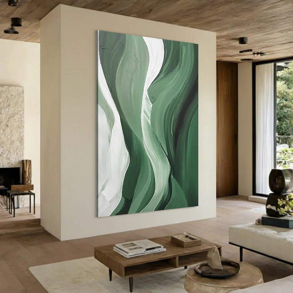 Sage Rhythm – Hand-Painted Sage Green and Olive Wave Palette Knife Texture Painting | Modern Abstract Living Room & Office Art