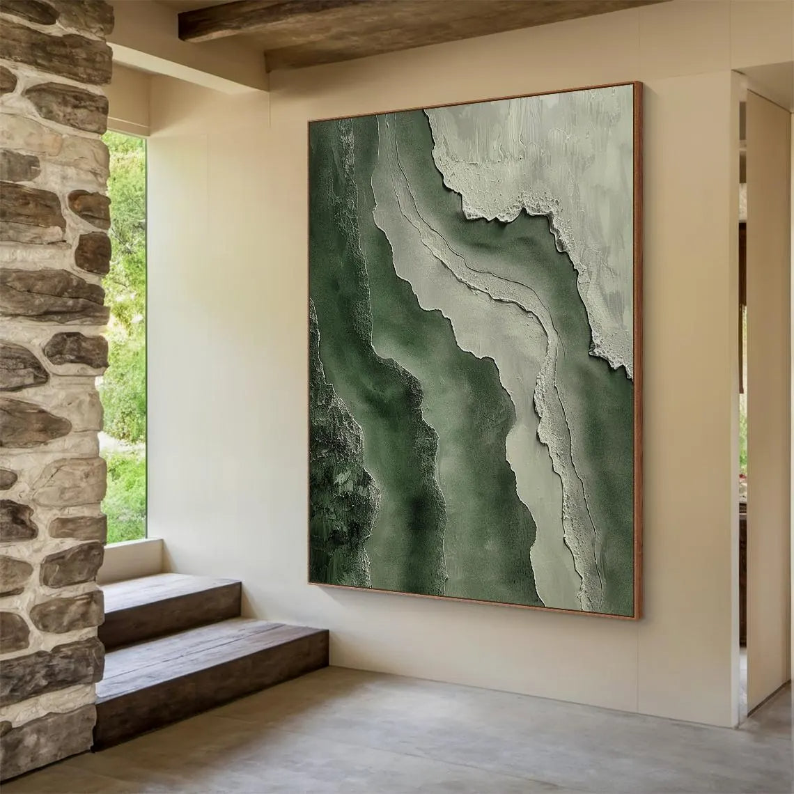 Moss Strata – Hand-Painted Deep Green and Sage Plaster Effect Wave Texture Painting | Organic Contemporary Texture Living Room & Bedroom Art