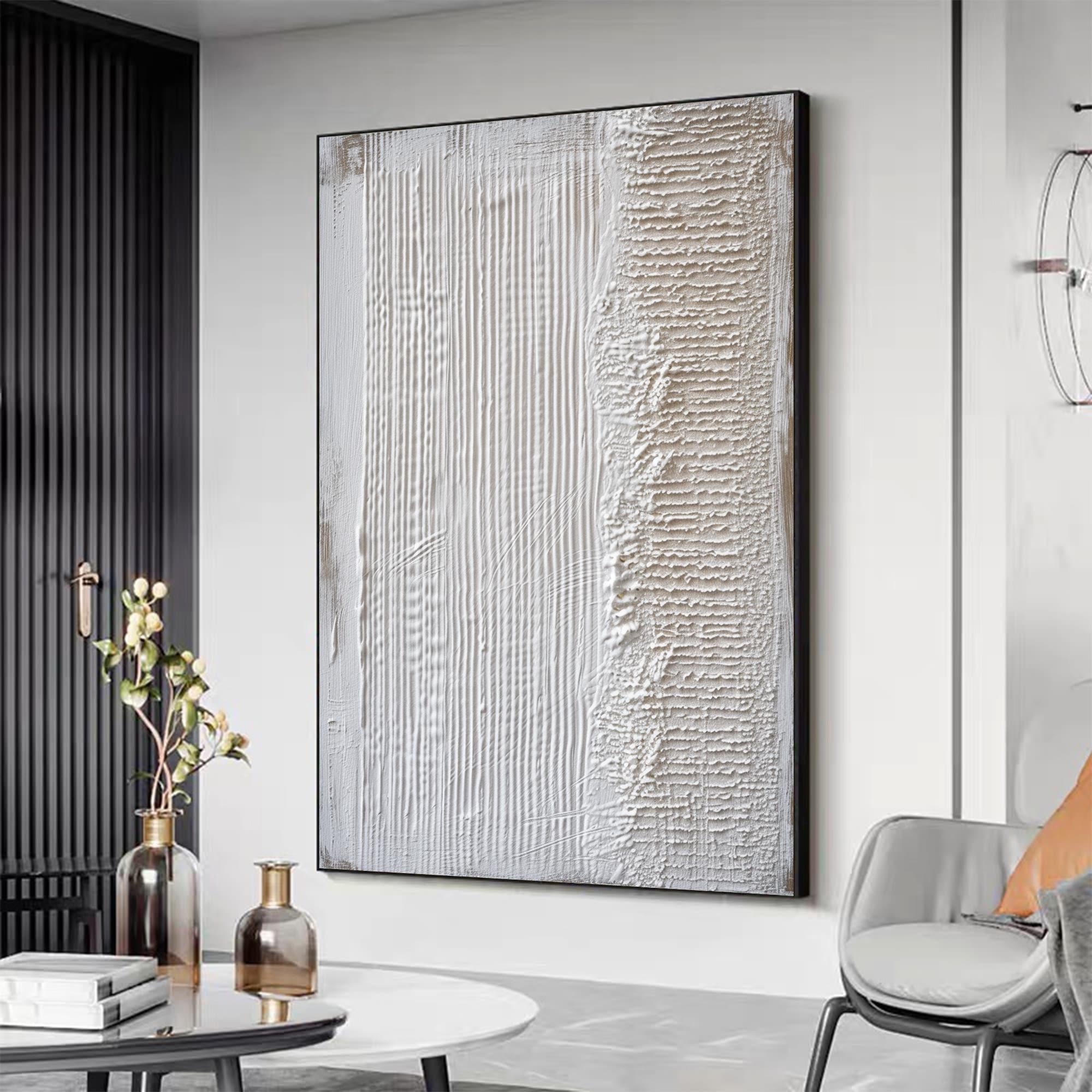 Linear Rhythm – Hand-Painted Minimalist Line Plaster Relief Texture Painting | Modern Minimalist Bedroom & Home Office Art
