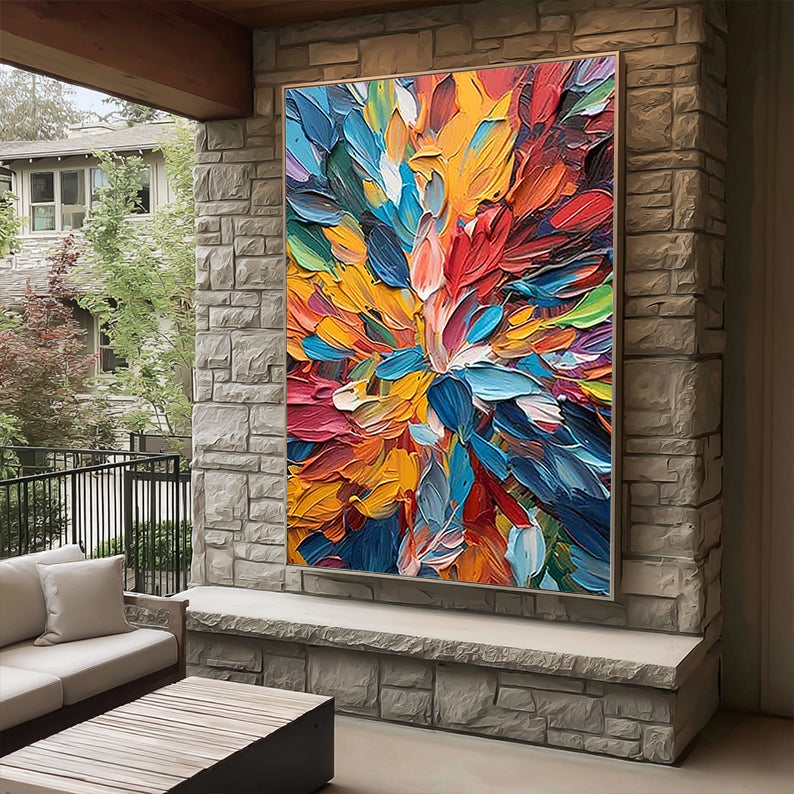 Chroma Burst – Hand-Painted Vibrant Rainbow Palette Knife 3D Floral Painting | Vibrant Botanical Living Room & Dining Room Art
