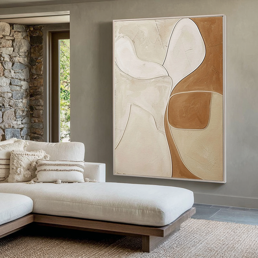 Creamy Contour – Hand-Painted Minimalist Neutral Beige and Tan Plaster Effect Relief Texture Painting | Modern Minimalist Bedroom & Home Office Art
