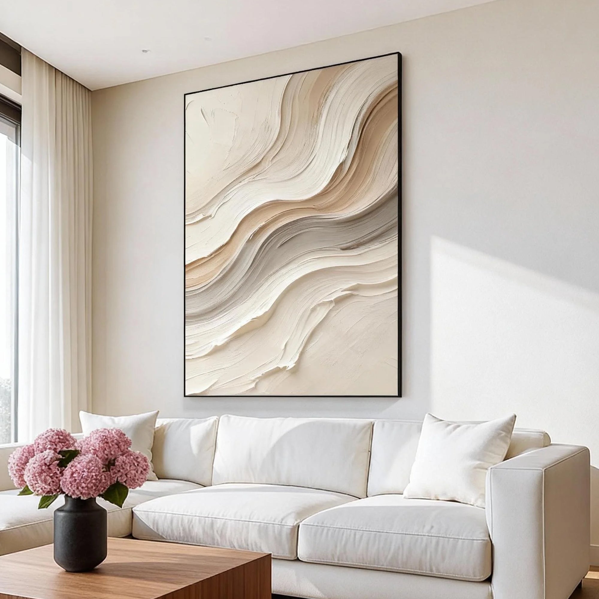 Creamy Ripple – Hand-Painted Minimalist Sand Wave Plaster Effect Relief Wabi-Sabi Painting | Japandi Organic Wabi-Sabi Living Room & Hallway Art