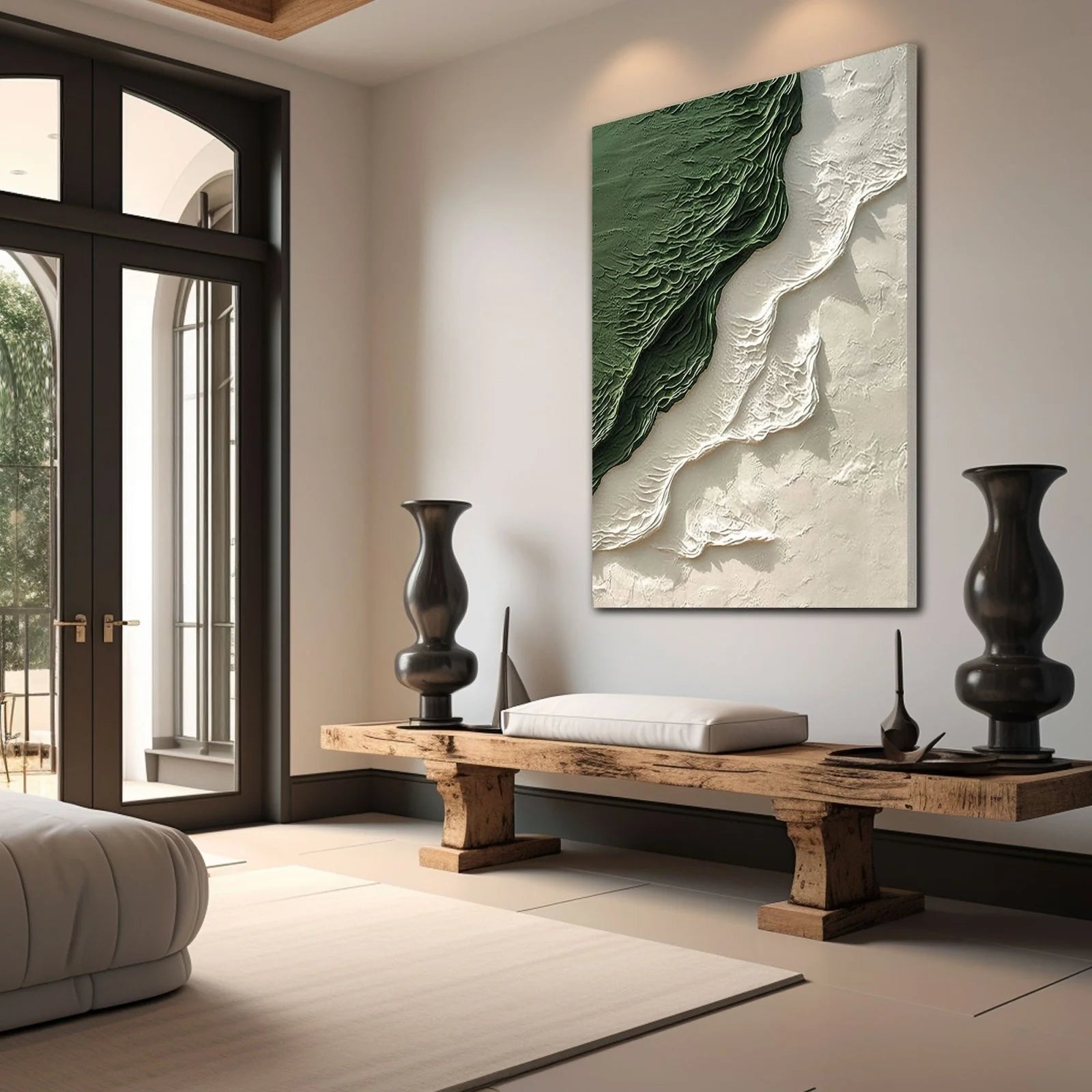 Emerald Rift – Hand-Painted Forest Green and Cream 3D Relief Texture Painting | Contemporary Landscape Living Room & Dining Room Art