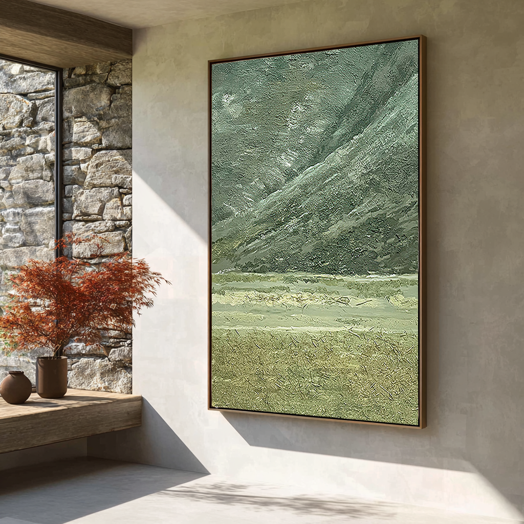 Moss Strata – Hand-Painted Sage Green Plaster Effect Layered Wabi-Sabi Painting | Japandi Wabi-Sabi Living Room & Bedroom Art