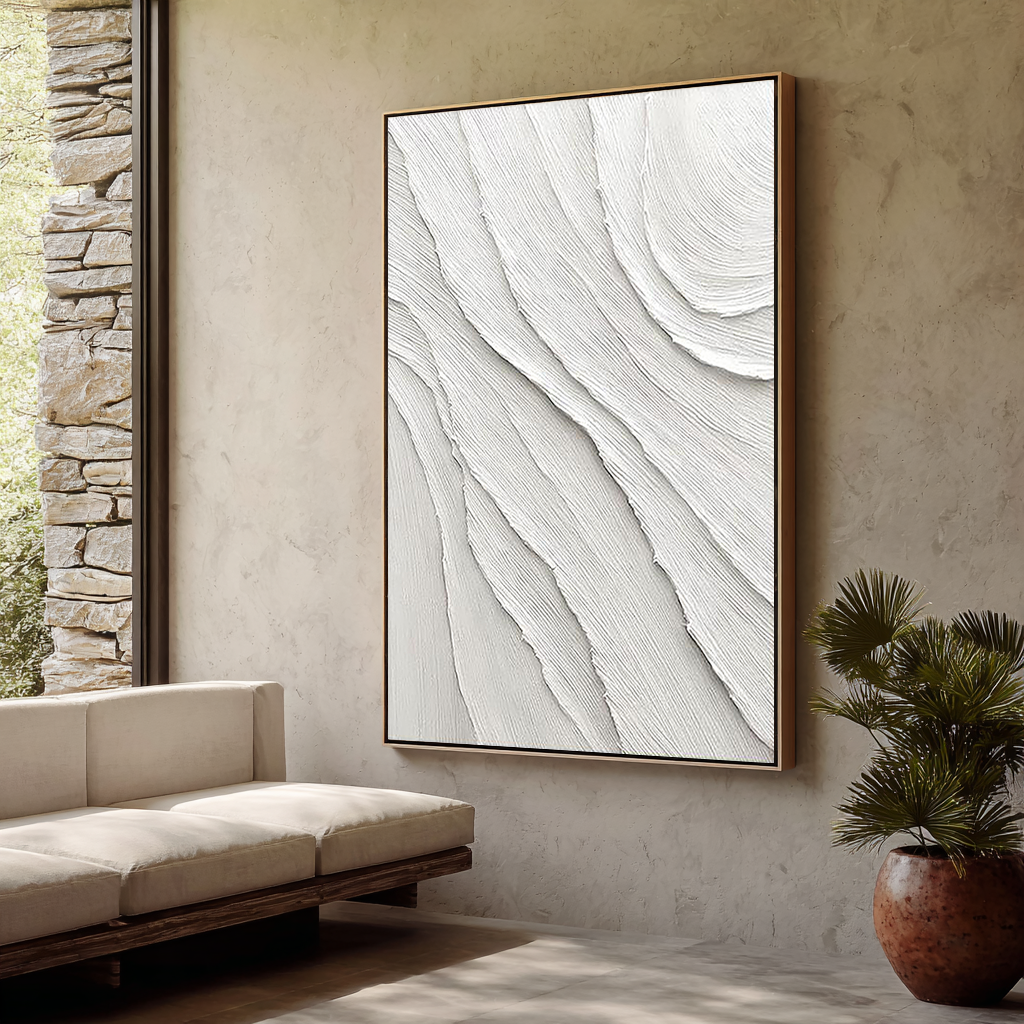 Pure Ripple – Hand-Painted Plaster Effect White Wave Relief Abstract Texture Painting | Modern Abstract Living Room & Office Art