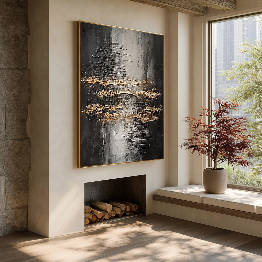Onyx Rhythm – Black & Gold Plaster Relief Abstract Texture Painting | Modern Abstract Living Room & Office Art