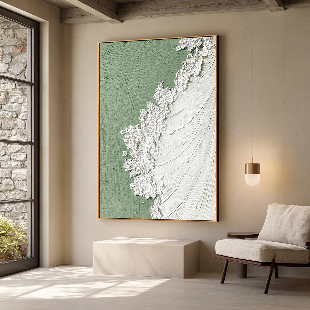 Sage Foam – Heavy Texture Ocean Wave Painting | Wabi-sabi Sage Green Abstract Hallway Art