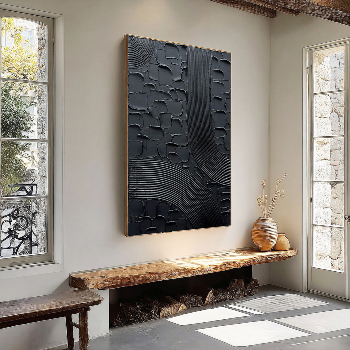 Midnight Mesh – Modern All-Black Plaster Relief Canvas Texture Painting | Modern Industrial Plaster Home Office & Living Room Art