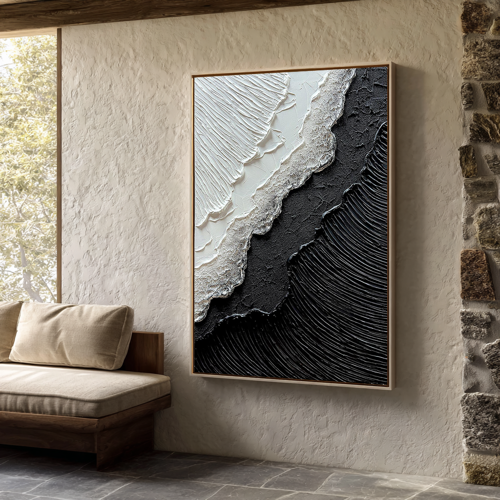 Onyx Split – Modern Black & White Plaster Relief Abstract Painting | Industrial Abstract Home Office & Living Room Art