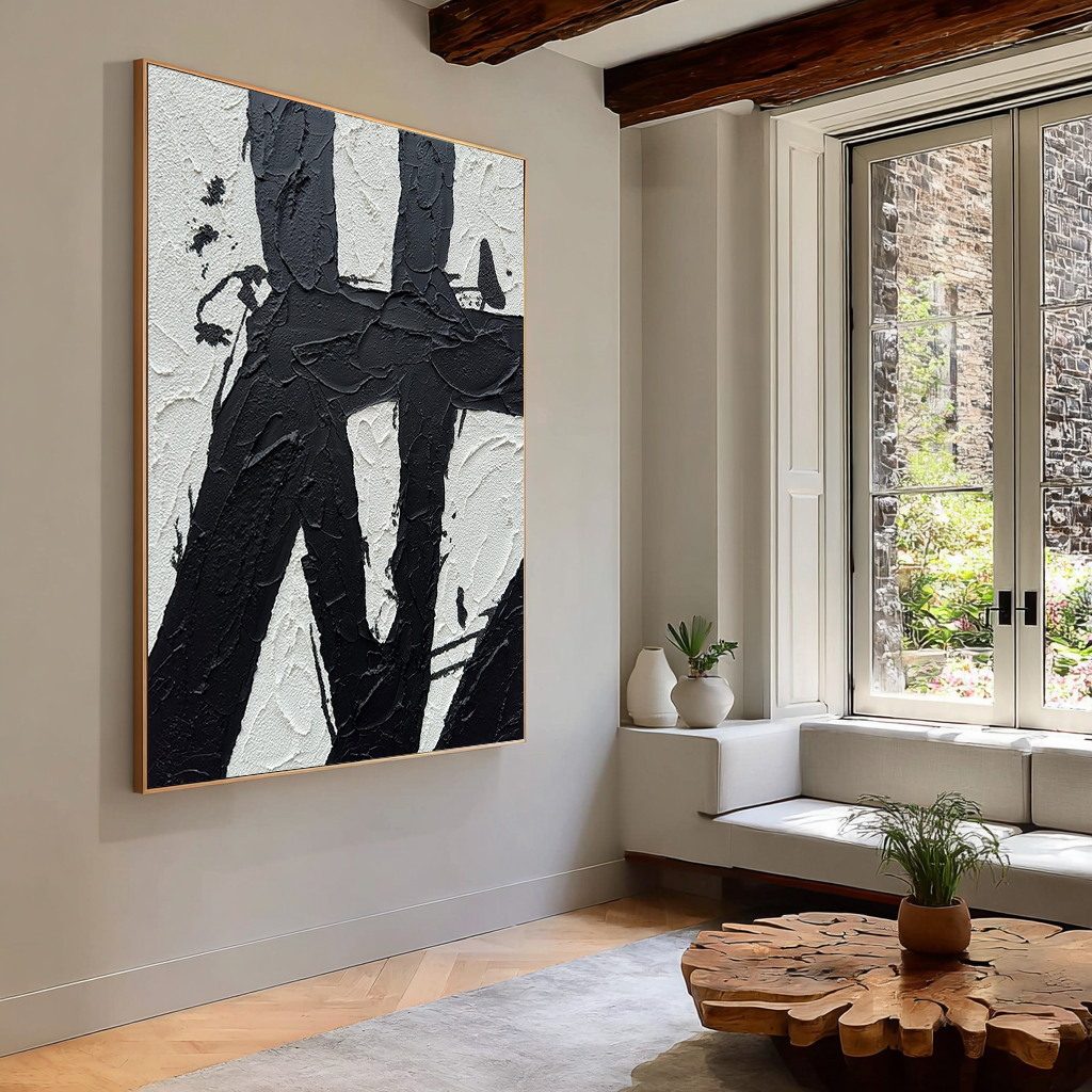 Onyx Stroke – 3D Heavy Texture Black & White Relief Minimalist Painting | Bold Minimalist Bedroom & Home Office Art