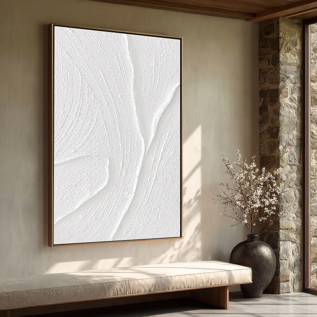 Silent Ridge – Modern Minimalist White Relief Texture Painting | Modern Minimalist Bedroom & Home Office Art