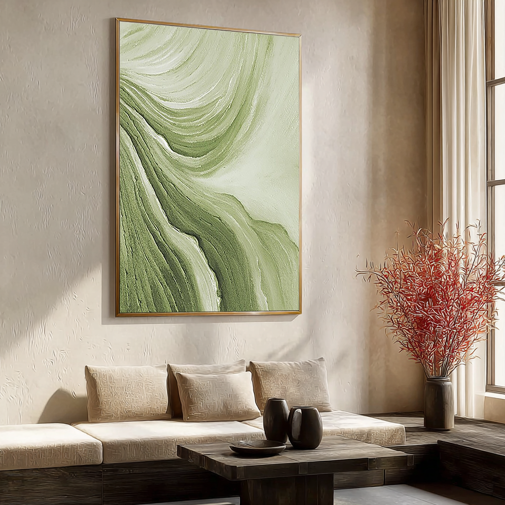 Sage Ripple – Green Wave Abstract Relief Texture Painting | Modern Abstract Living Room & Office Art