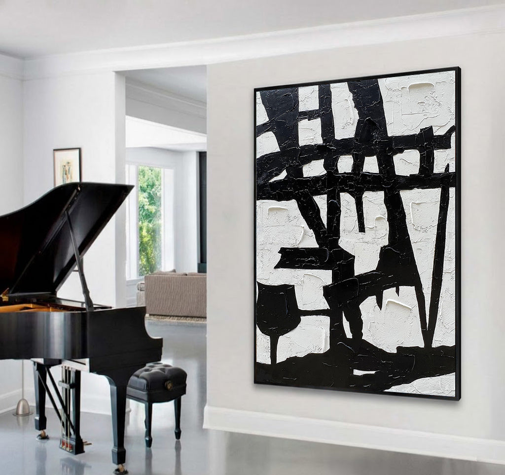 Urban Symbol – Bold Black and White Abstract Relief Texture Painting | Bold Abstract Palette Knife Living Room Art