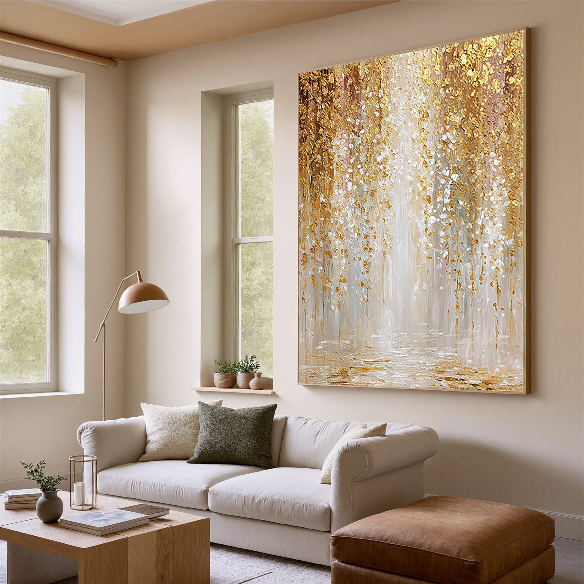 Gilded Rain – Modern Abstract Gold Leaf Waterfall Painting | Luxury Heavy Impasto Dining Room Art