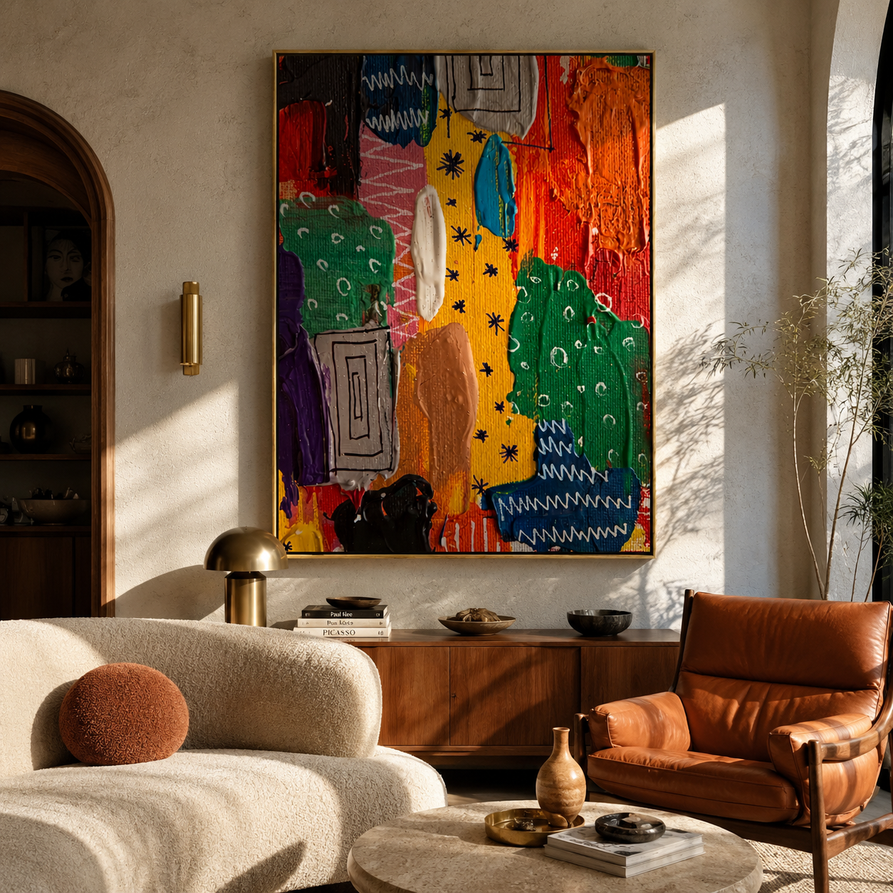 Chromatic Strata Rising displayed above a living room sofa in a warm modern interior