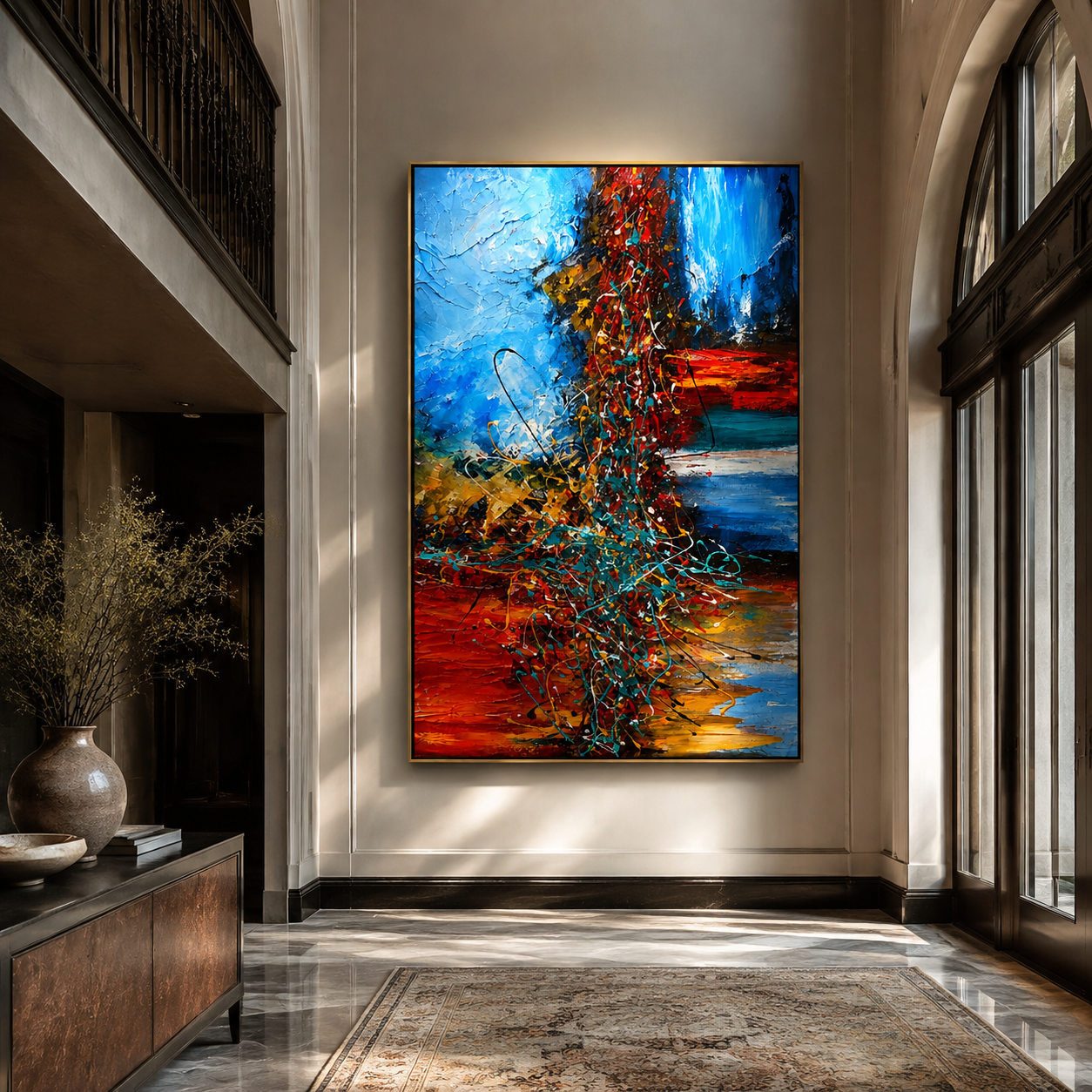 Electric Strata in Motion presented over an entryway console in a contemporary home