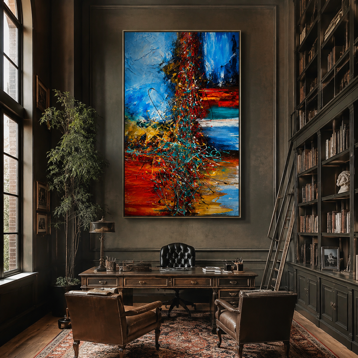 Electric Strata in Motion styled above a bed in a calm, layered bedroom interior
