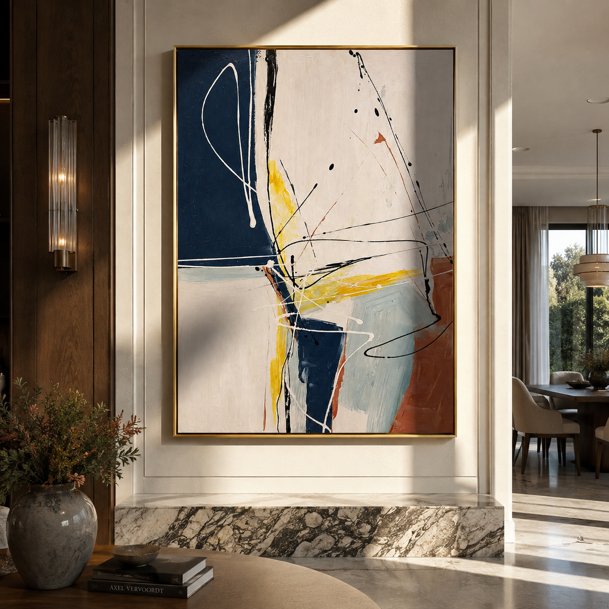 Lines Across Stillness displayed above a living room sofa in a warm modern interior