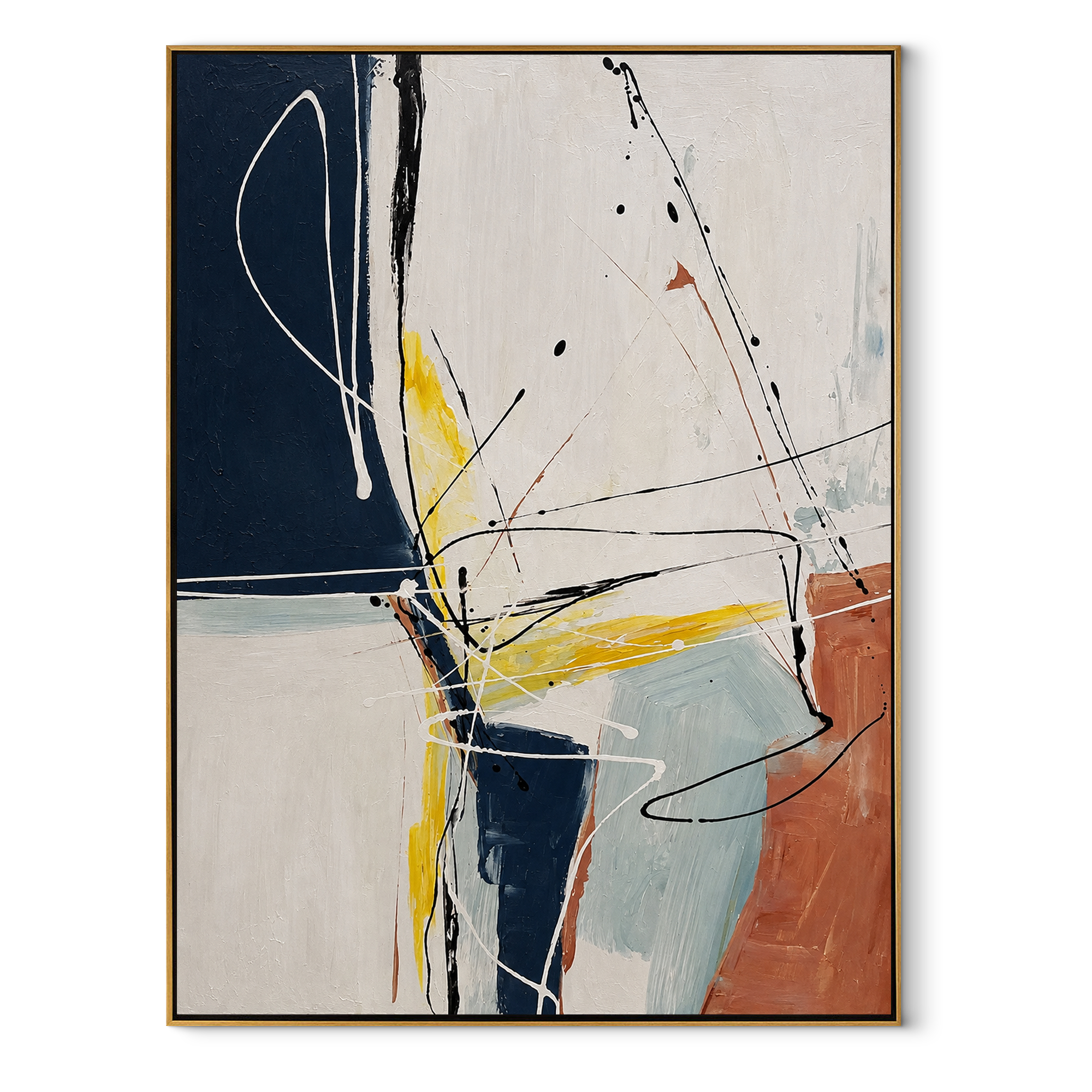 Lines Across Stillness navy yellow linear textured abstract painting, vertical canvas artwork