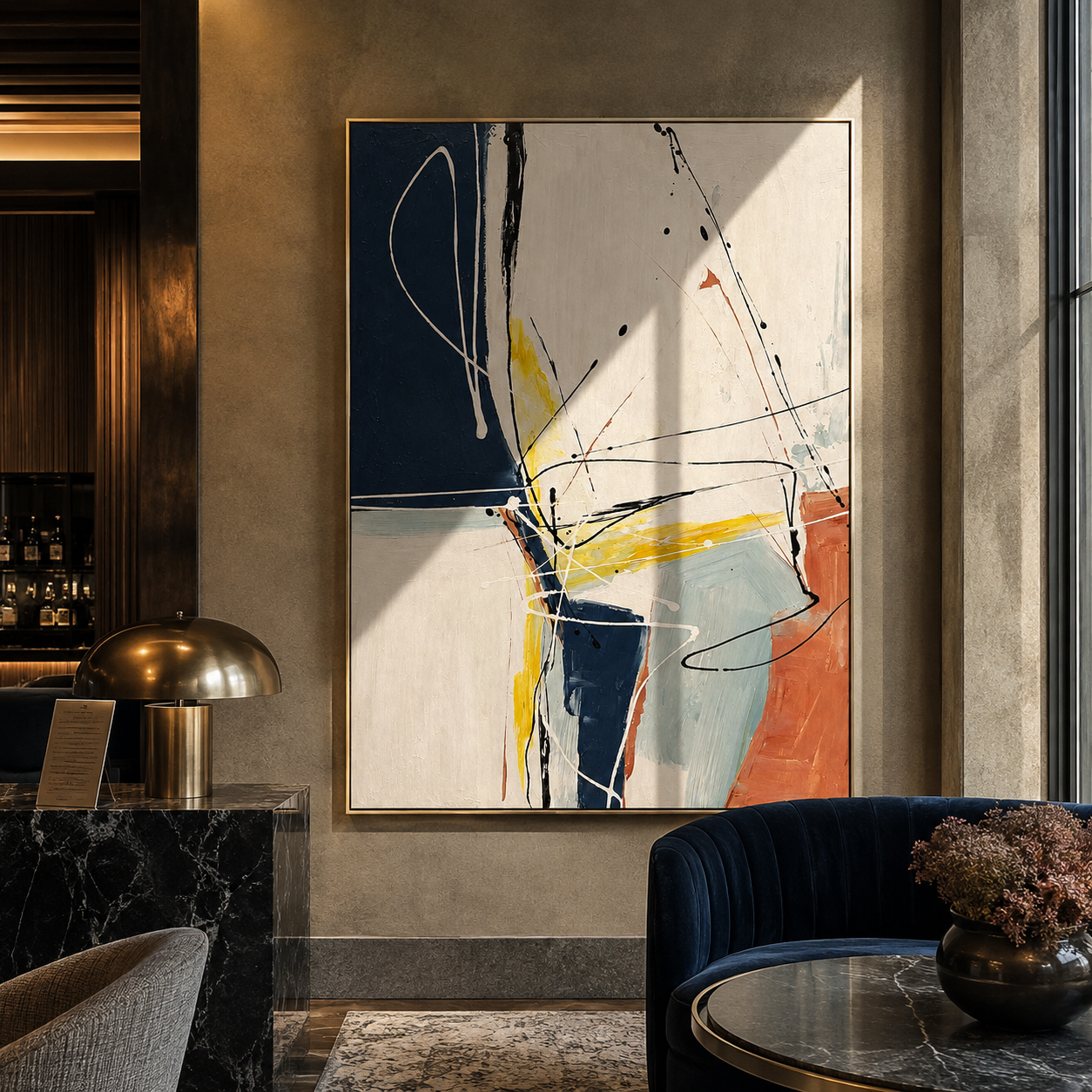 Lines Across Stillness presented over an entryway console in a contemporary home