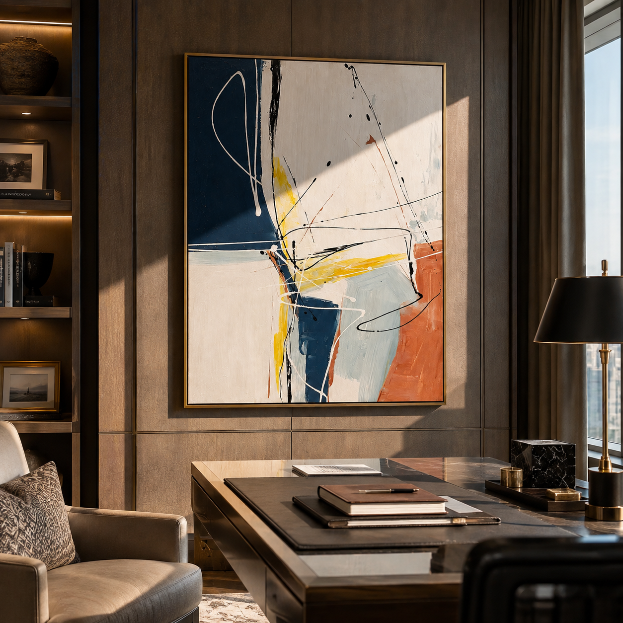 Lines Across Stillness displayed in a dining room with coordinated modern decor