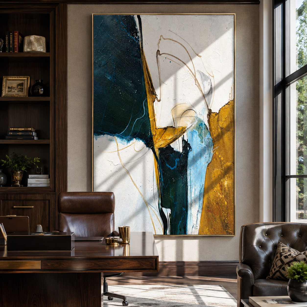 Gilded Tides Converging displayed above a living room sofa in a warm modern interior