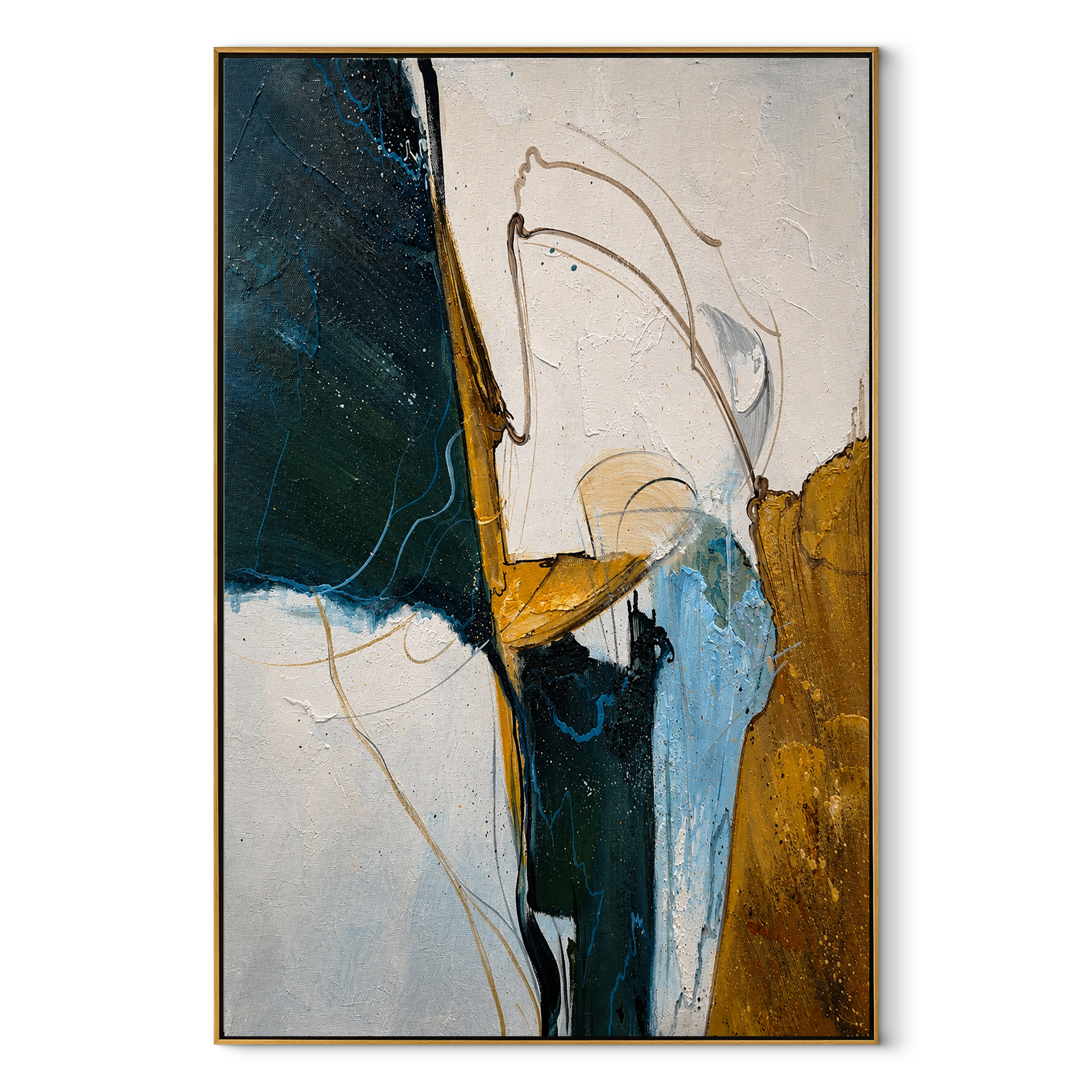 Gilded Tides Converging navy gold geometric textured abstract painting, vertical canvas artwork