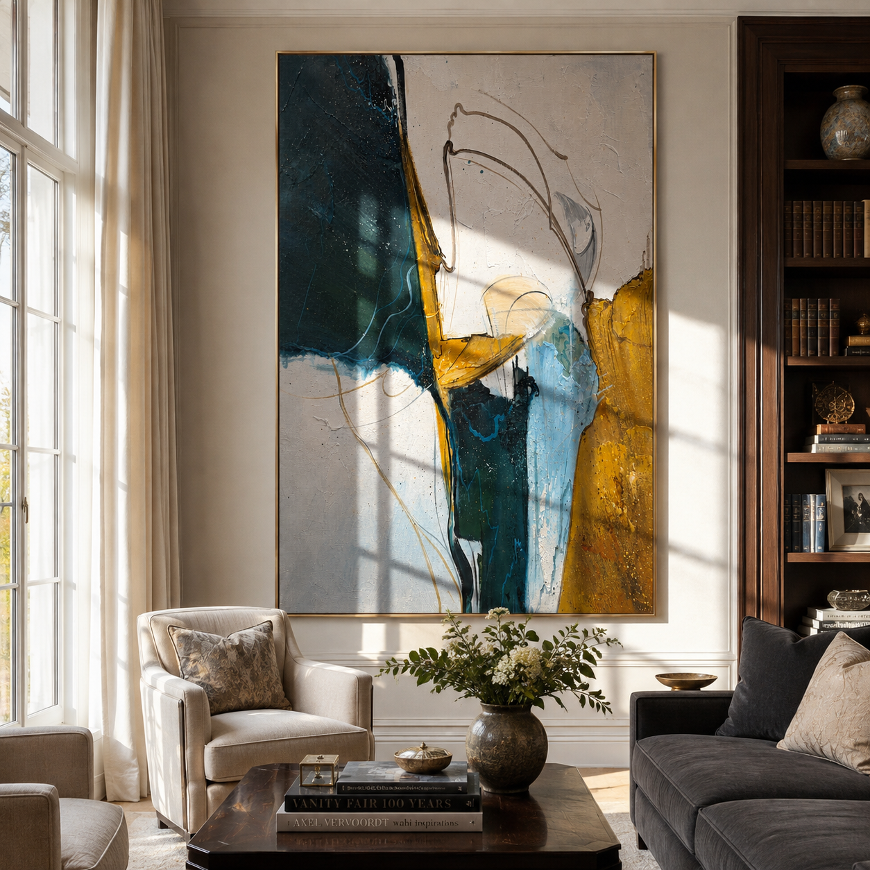 Gilded Tides Converging styled in a quiet reading nook with neutral furnishings