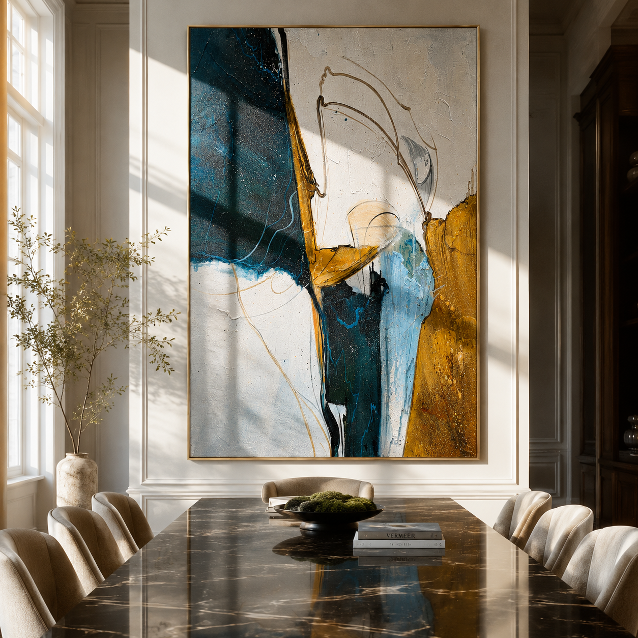 Gilded Tides Converging presented over an entryway console in a contemporary home