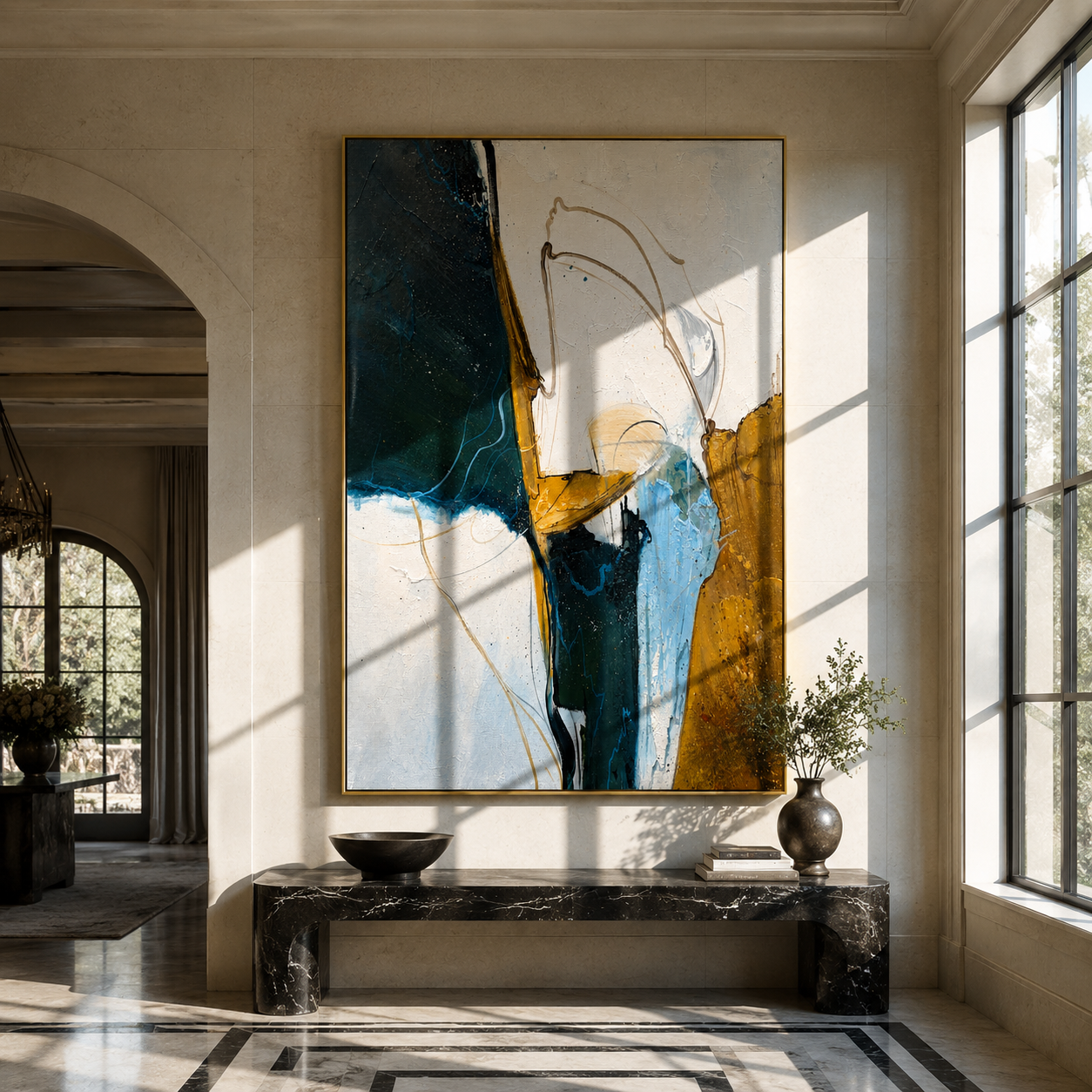 Gilded Tides Converging displayed in a dining room with coordinated modern decor