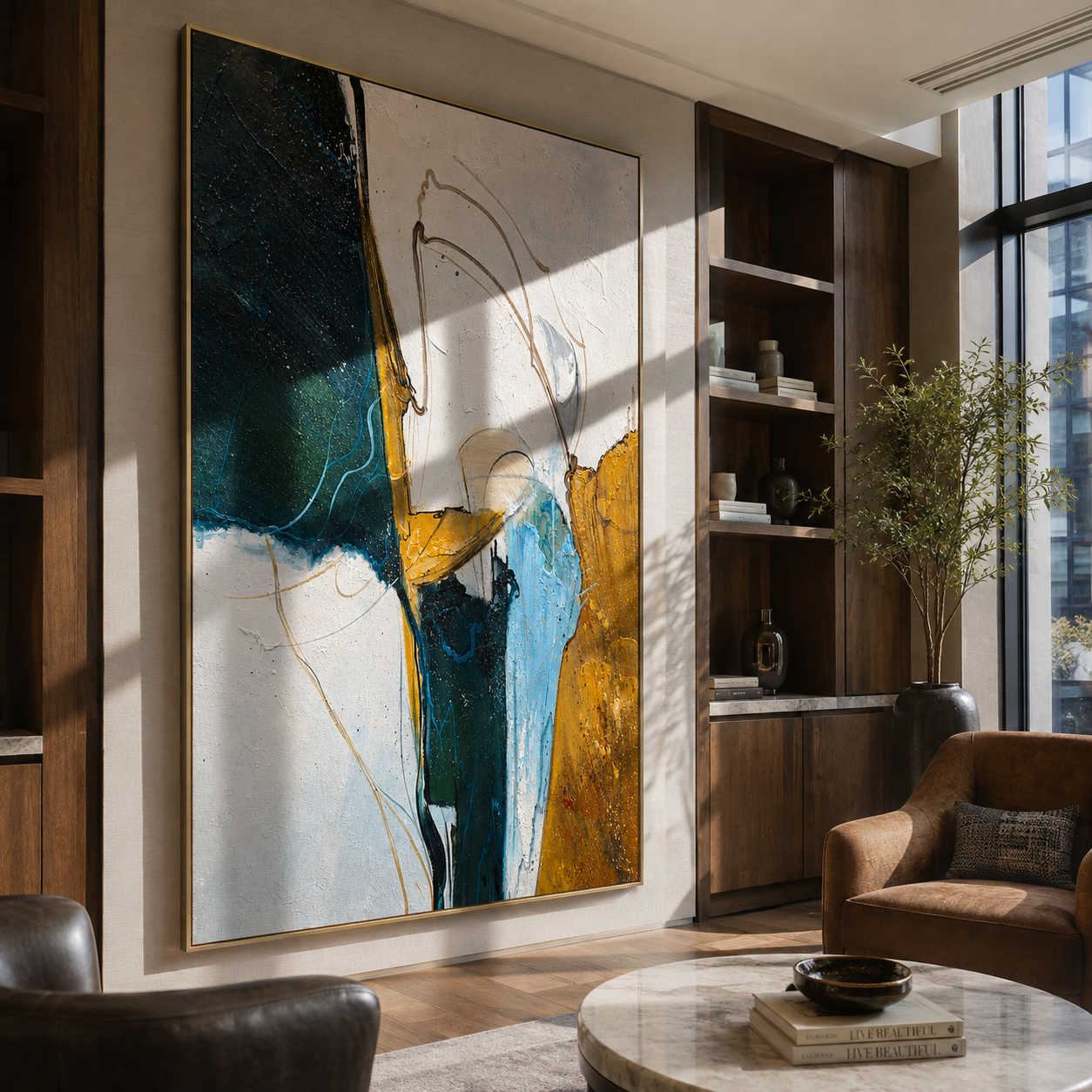 Gilded Tides Converging styled above a bed in a calm, layered bedroom interior