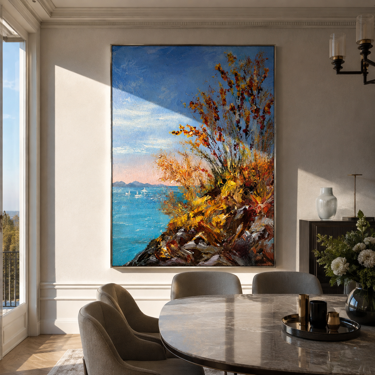 Autumn Cliffs Above Blue displayed in a dining room with coordinated modern decor