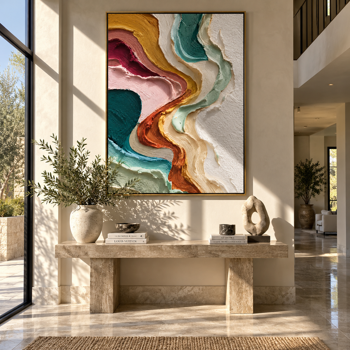 Chromatic Passage Ascending displayed above a living room sofa in a warm modern interior